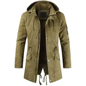 Men Long Cargo Parka Men’s Spring Military Full-Zip Removable Hooded Cotton Mid-Long Parka Jacket Fleece Lined Plush Warm Coat