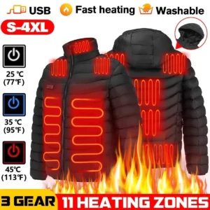 Men’s Winter Warm USB Heating Parka Smart Thermostat Pure Color Hooded Heated Jacket Bobojaco Padded Clothing