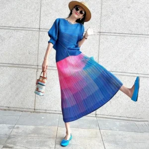 Women’s Clothing Spring Summer Pleated Top Fashion New Gradient Skirt Long Suit Dress Sets