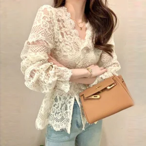 Women’s Clothing 2024 Spring Autumn Sexy Hollow Out Lace Chic Vintage T-shirts Female Casual Solid V Neck Slim Long Sleeve Tops